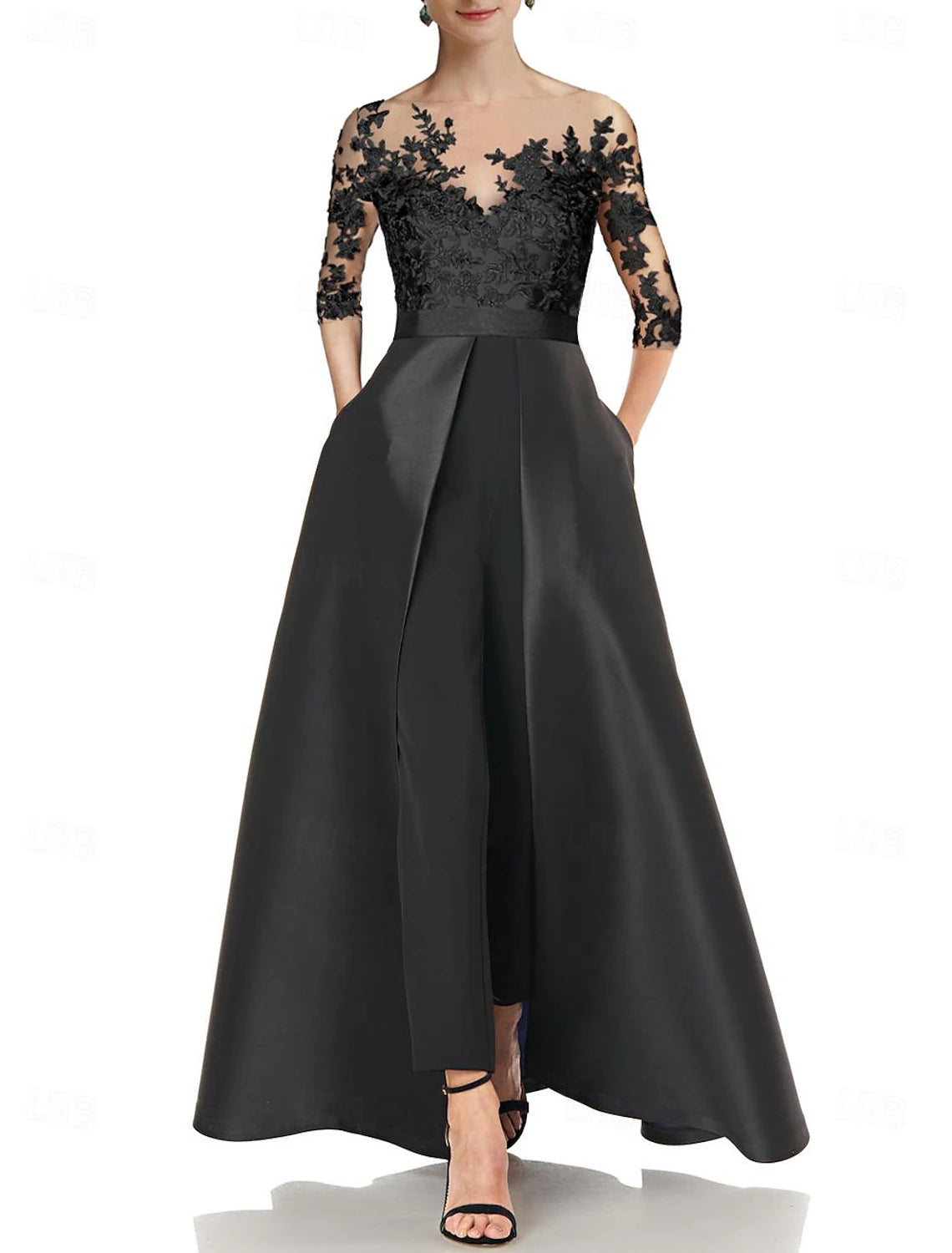 Jumpsuits Mother of the Bride Dress Wedding Guest Elegant Party Jewel Neck Floor Length Satin 3/4 Length Sleeve with Appliques Solid Color