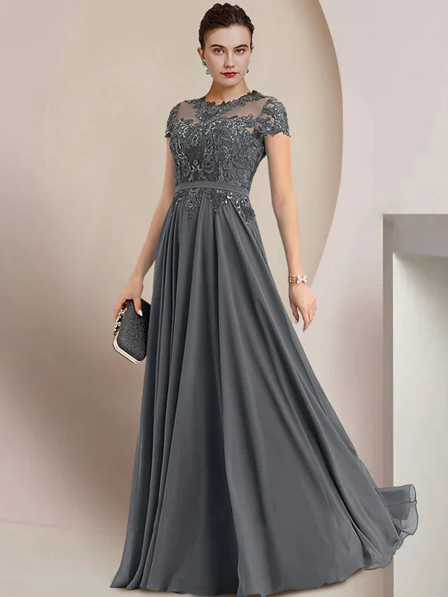 Sheath / Column Mother of the Bride Dress Wedding Guest Party Elegant Jewel Neck Floor Length Chiffon Lace Short Sleeve with Pleats Sequin