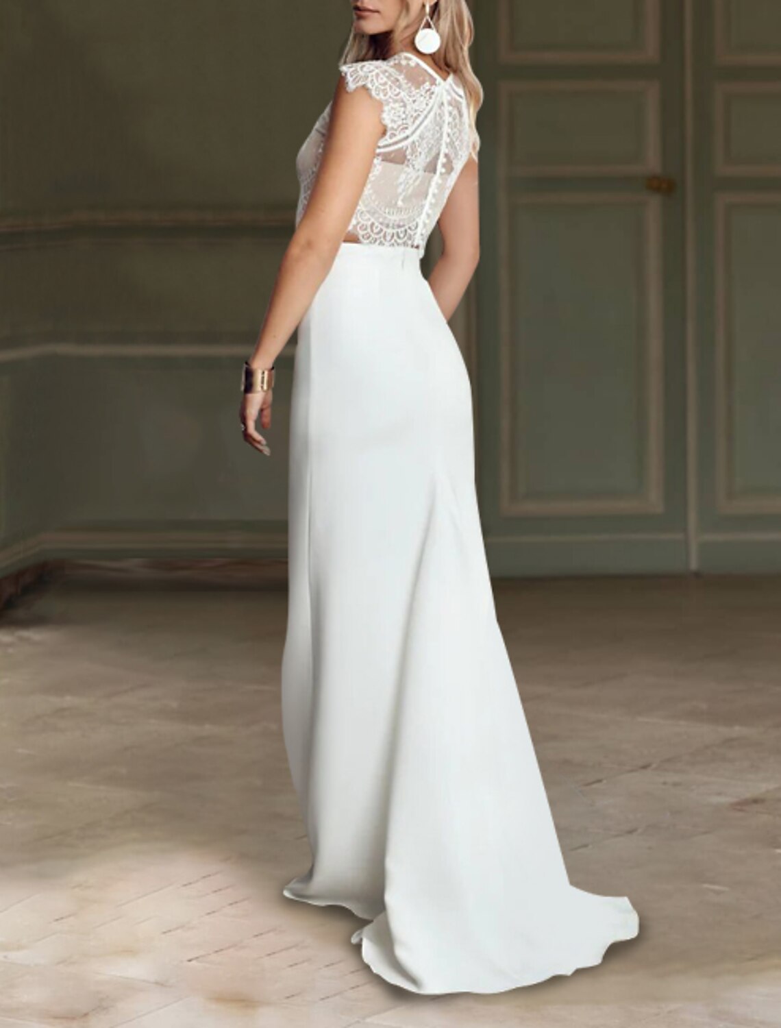 Beach Boho Wedding Dresses Mermaid / Trumpet Illusion Neck Cap Sleeve Sweep / Brush Train Chiffon Bridal Suits Bridal Gowns With Appliques