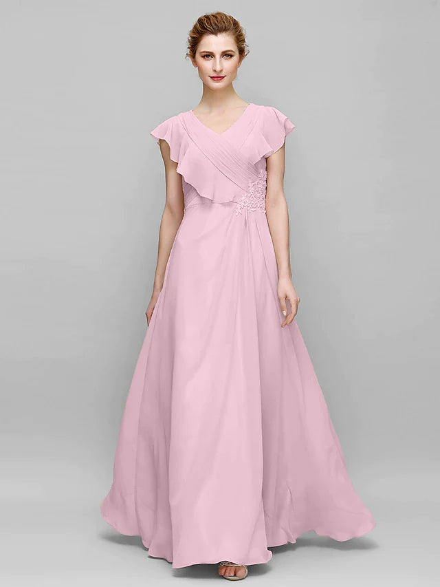 Sheath / Column Mother of the Bride Dress Plus Size Elegant V Neck Floor Length Chiffon Sleeveless with Criss Cross Appliques