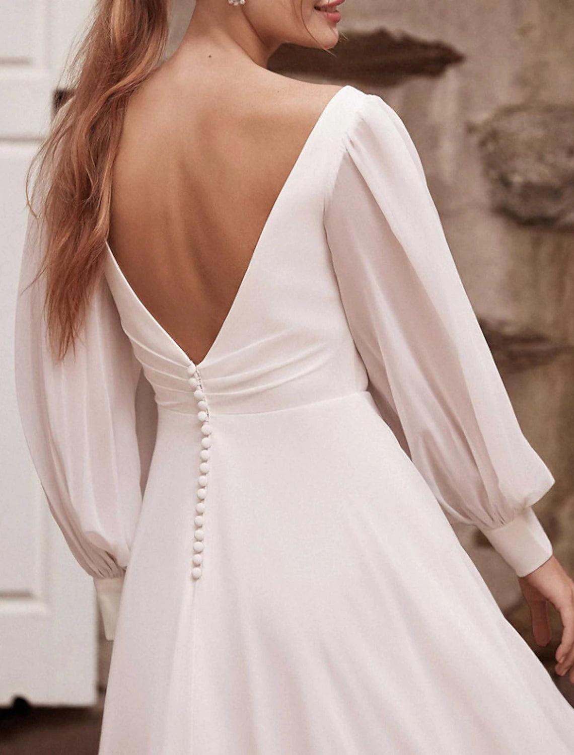 Hall Casual Wedding Dresses A-Line V Neck Long Sleeve Court Train Chiffon Bridal Gowns With Solid Color