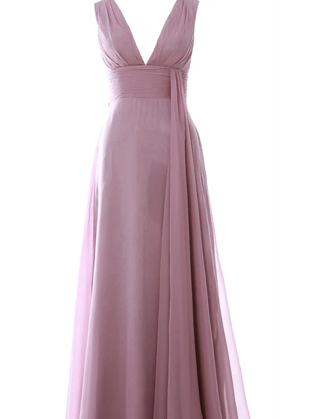 DingjiA-Line Wedding Guest Dresses Elegant Dress Party Wear Floor Length Sleeveless V Neck Chiffon with Ruched