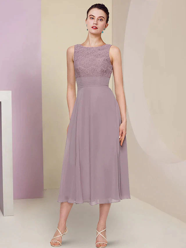 Two Piece Mother of the Bride Dress Wedding Guest Church Elegant Jewel Neck Tea Length Chiffon Lace Half Sleeve with Solid Color