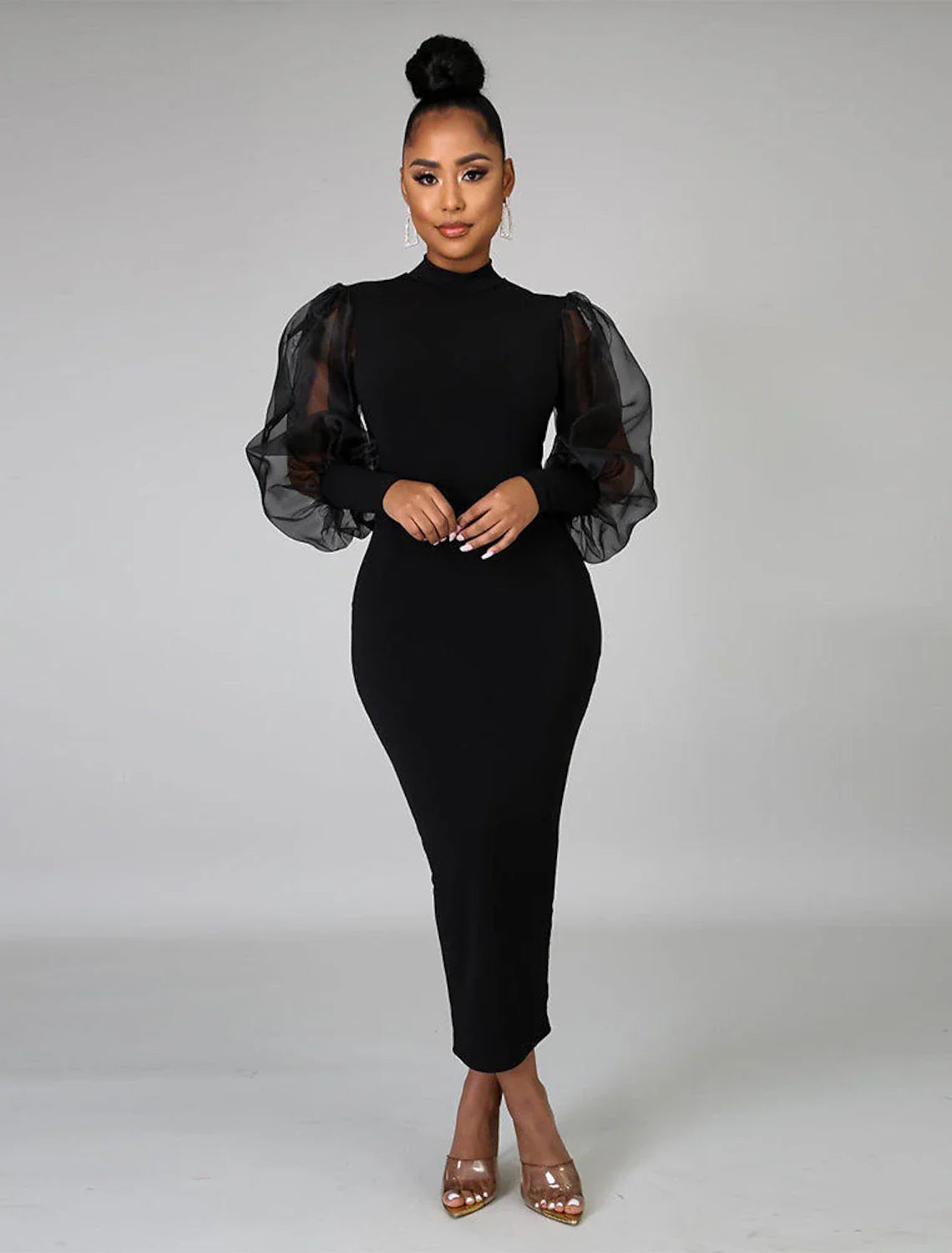 DingjiSheath / Column Cocktail Dresses Little Black Dress Dress Wedding Guest Tea Length Long Sleeve High Neck Stretch Fabric with Pure Color Splicing