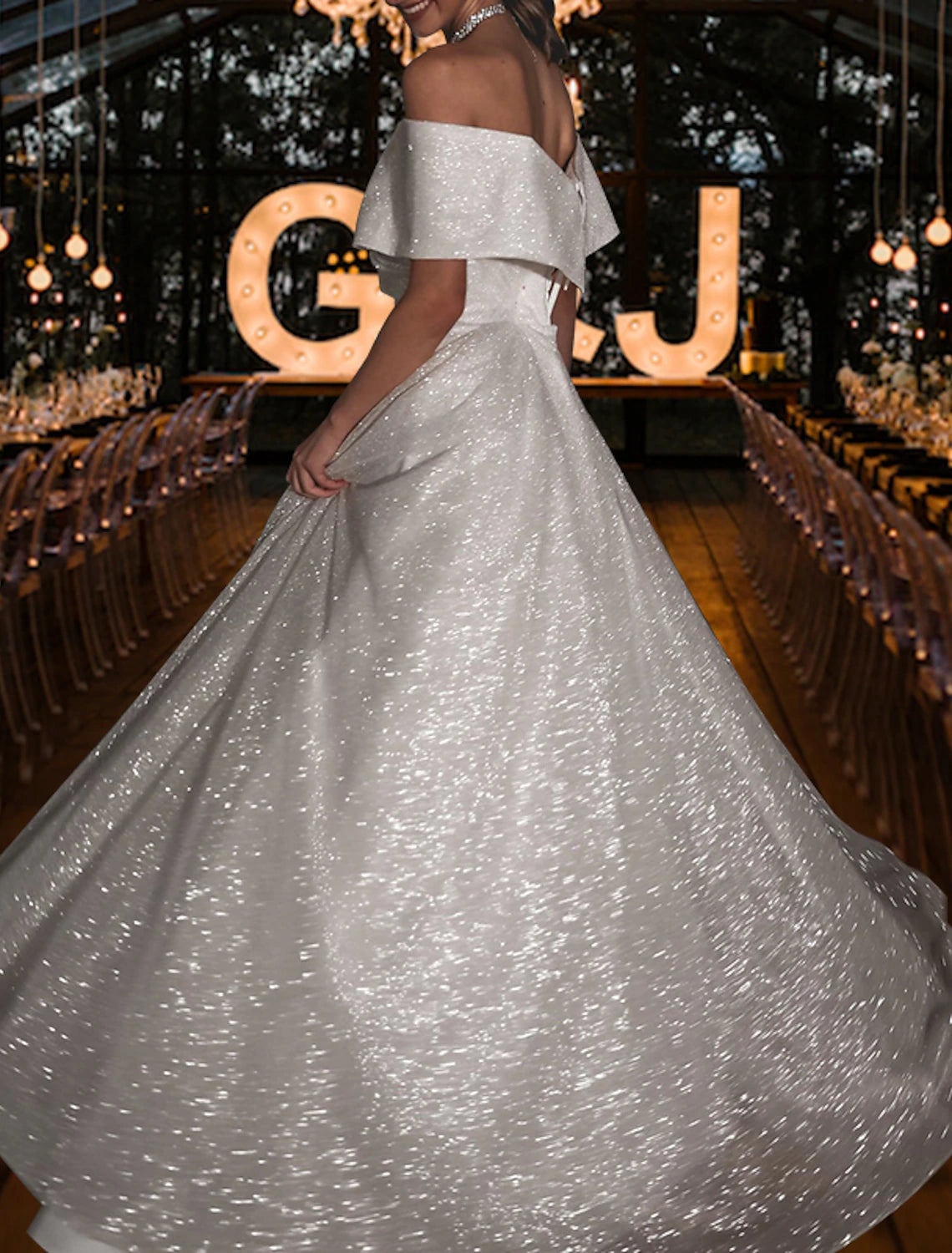 Hall Sparkle & Shine Casual Wedding Dresses A-Line Off Shoulder Cap Sleeve Sweep / Brush Train Sequined Bridal Gowns With Solid Color  Summer Wedding Party