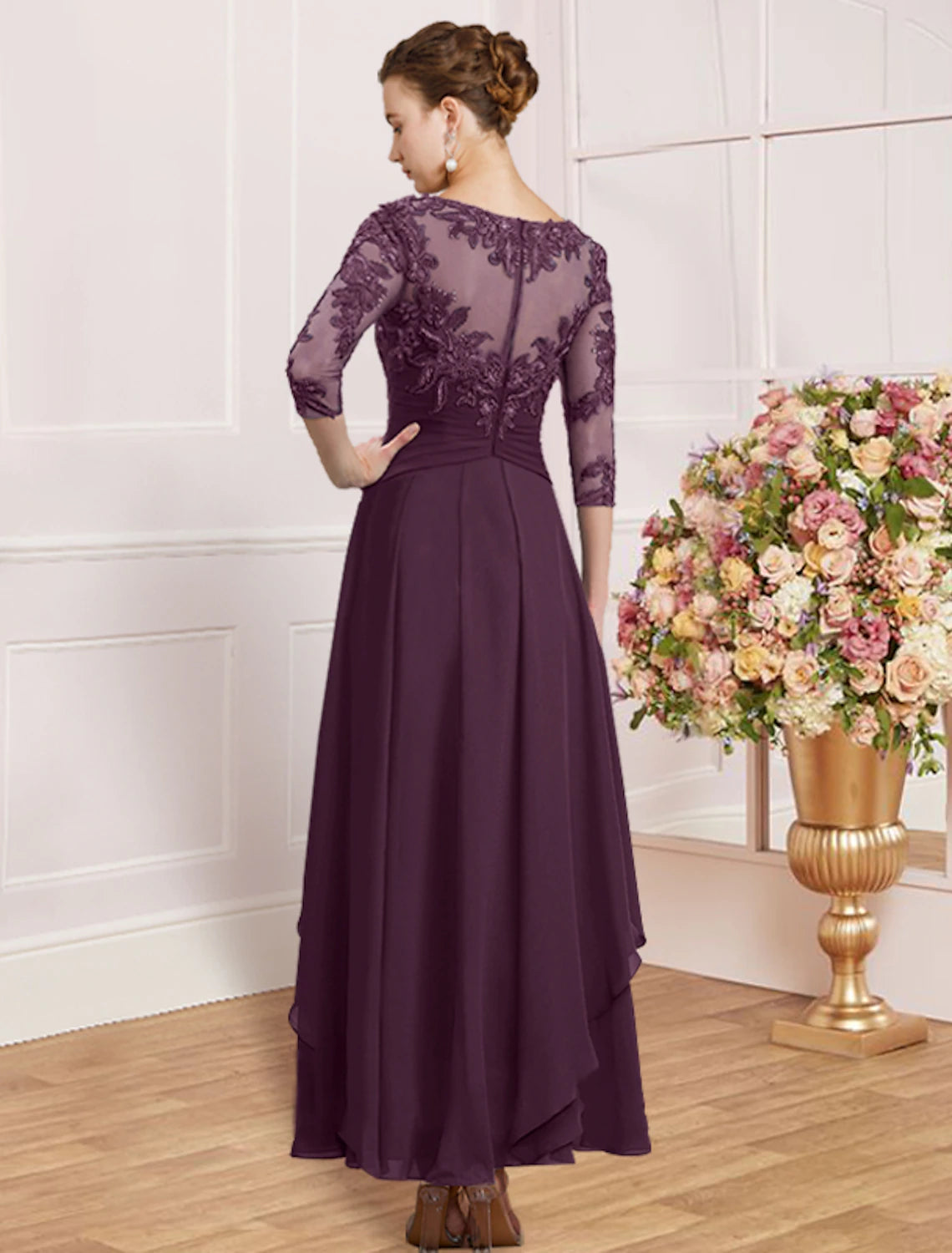 Sheath / Column Mother of the Bride Dress Wedding Guest Simple Elegant Jewel Neck Ankle Length Chiffon Lace 3/4 Length Sleeve with Pleats Sequin
