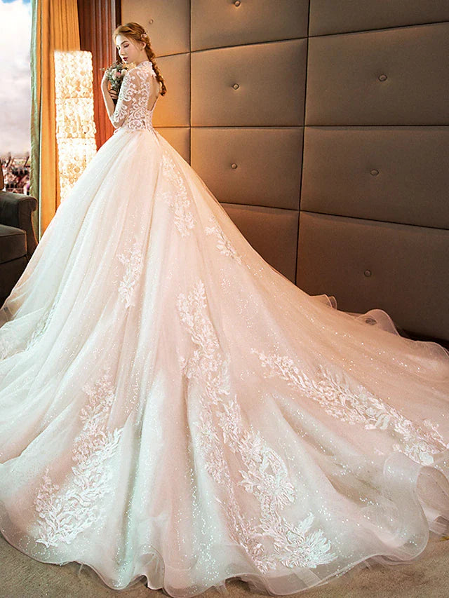 DingjiEngagement Sparkle & Shine Formal Wedding Dresses Cathedral Train Ball Gown Long Sleeve High Neck Lace With Sequin Appliques
