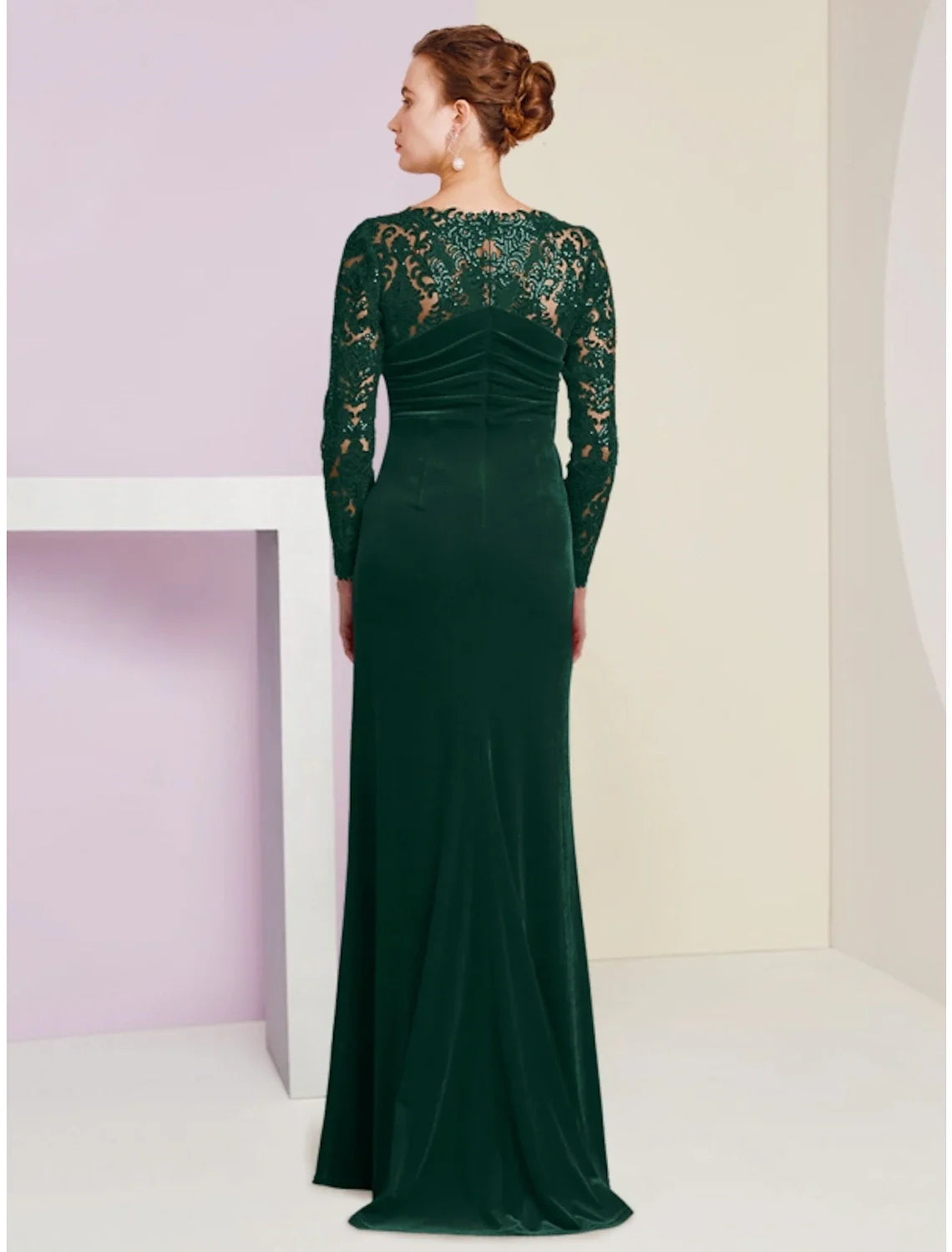 DingjiA-Line Mother of the Bride Dress Wedding Guest Party Elegant Scoop Neck Floor Length Velvet Long Sleeve with Lace Sequin Split Front
