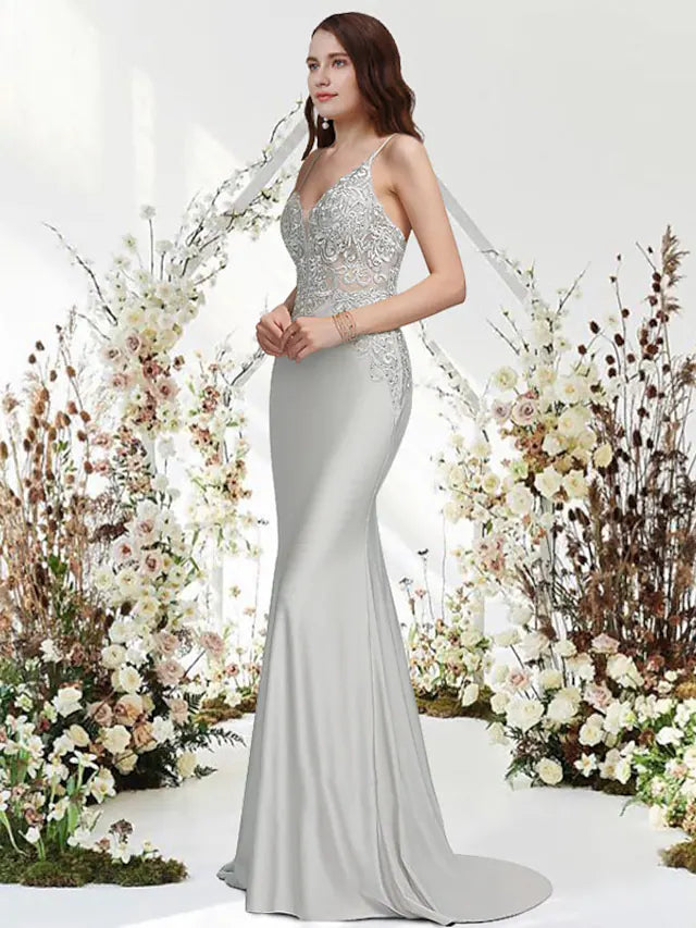 DingjiMermaid / Trumpet Evening Gown Empire Dress Wedding Guest Sweep / Brush Train Sleeveless V Neck Chiffon with Appliques
