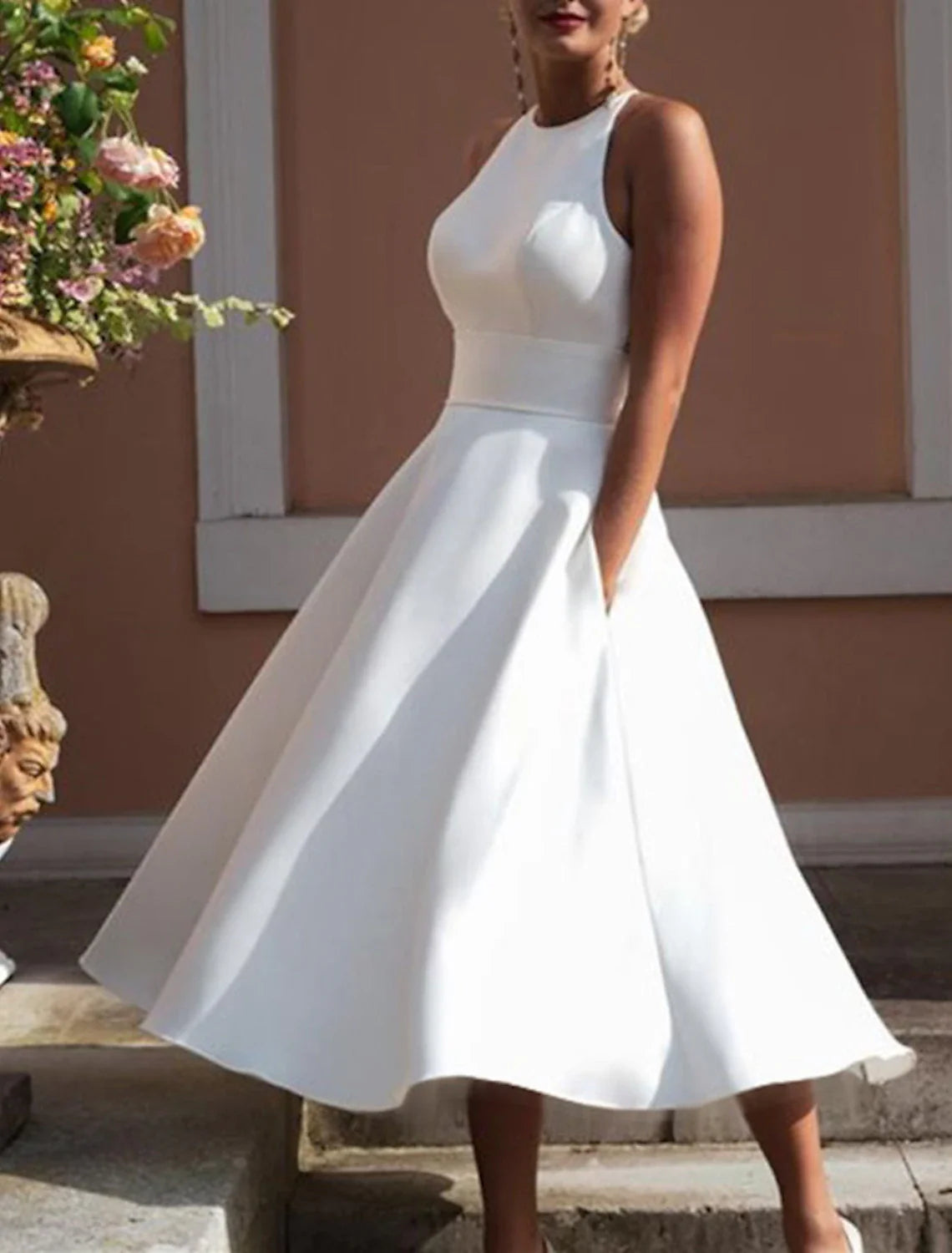 Reception Little White Dresses Wedding Dresses A-Line Halter Neck Sleeveless Tea Length Satin Bridal Gowns With Solid Color
