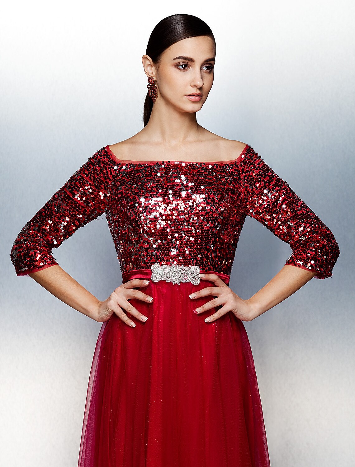 A-Line Bateau Neck / Boat Neck Floor Length Tulle / Sequined Sparkle & Shine / Beaded & Sequin Prom / Formal Evening Dress with Sash / Ribbon / Sequin