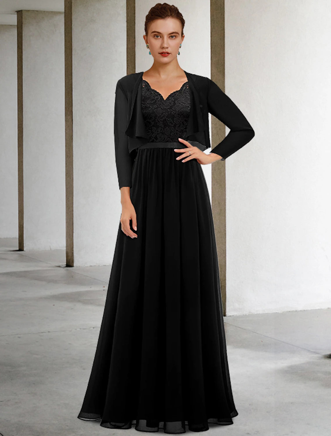 Two Piece A-Line Mother of the Bride Dress Plus Size Elegant V Neck Floor Length Chiffon Lace Sleeveless Wrap Included with Sash / Ribbon Pleats Applique