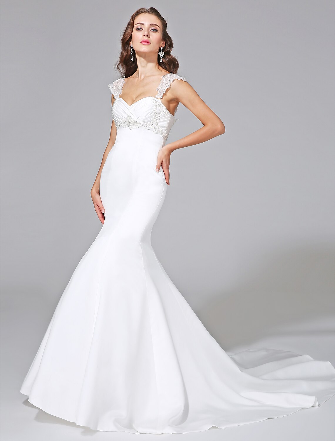 Wedding Dresses Mermaid / Trumpet Sweetheart Cap Sleeve Court Train Satin Bridal Gowns With Beading Criss-Cross