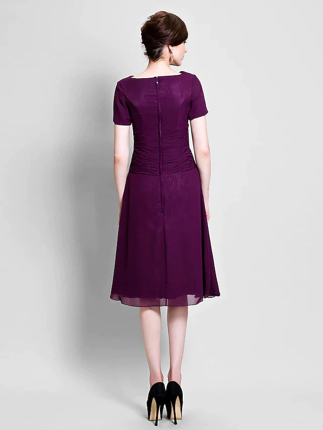 DingjiA-Line Mother of the Bride Dress Cowl Neck Tea Length Chiffon Short Sleeve with Ruched Side Draping
