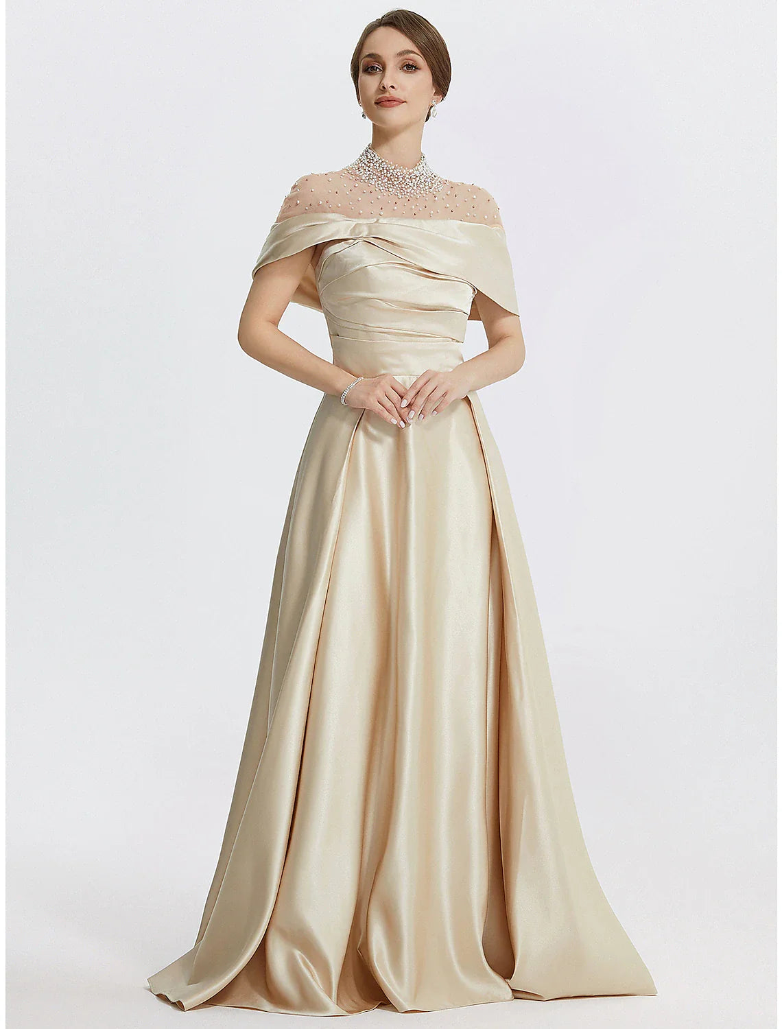 DingjiA-Line Evening Gown Elegant Dress Formal Prom Floor Length Sleeveless High Neck Italy Satin with Ruched Pearls