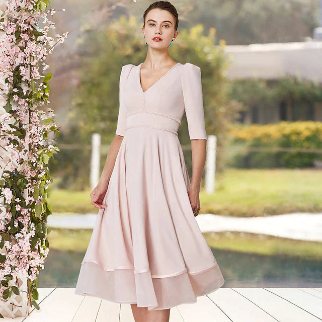 A-Line Mother of the Bride Dress Elegant V Neck Tea Length Stretch Chiffon Half Sleeve with Beading Solid Color