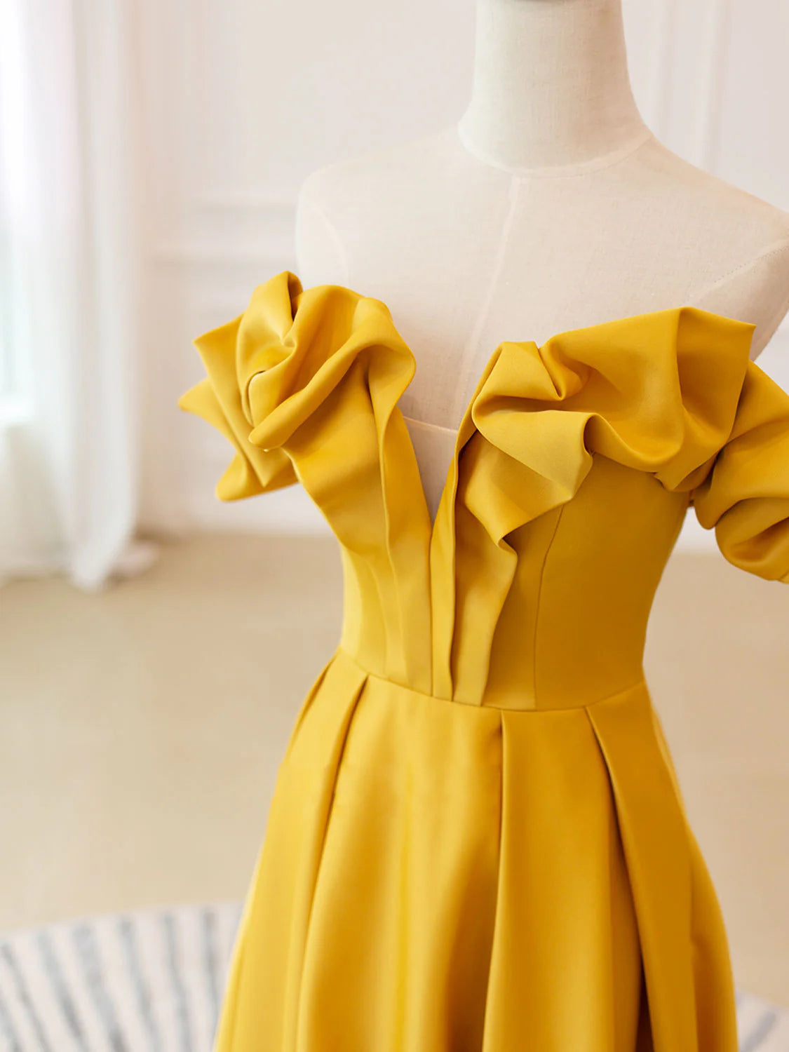 A-Line Off Shoulder Satin Yellow Long Prom Dress