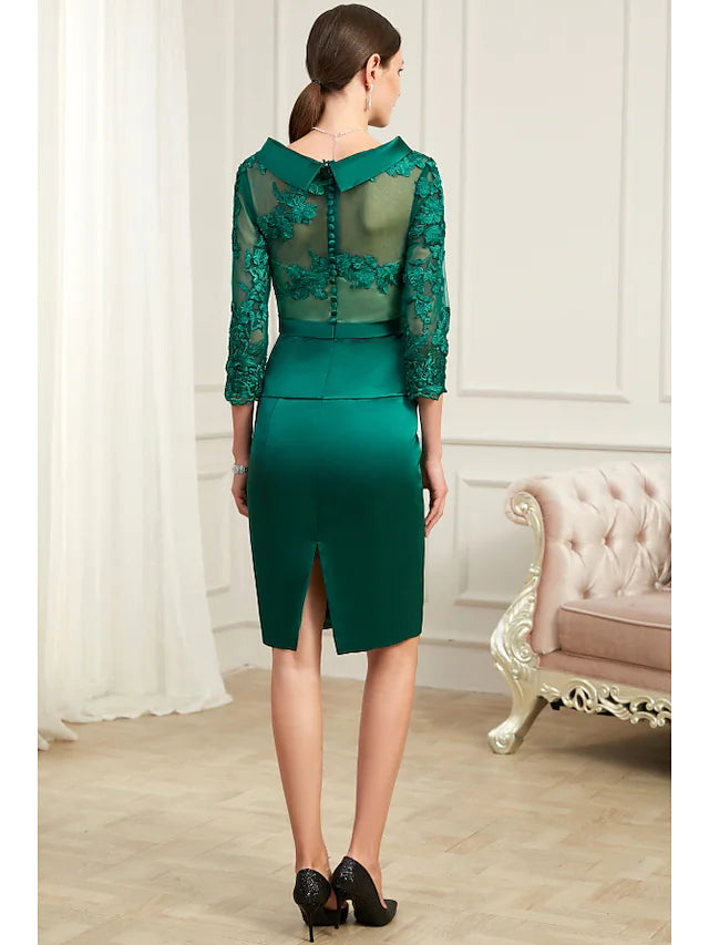 DingjiSheath / Column Peplum Wedding Guest Cocktail Party Dress Jewel Neck 3/4 Length Sleeve Knee Length Chiffon with Bow(s) Slit Appliques