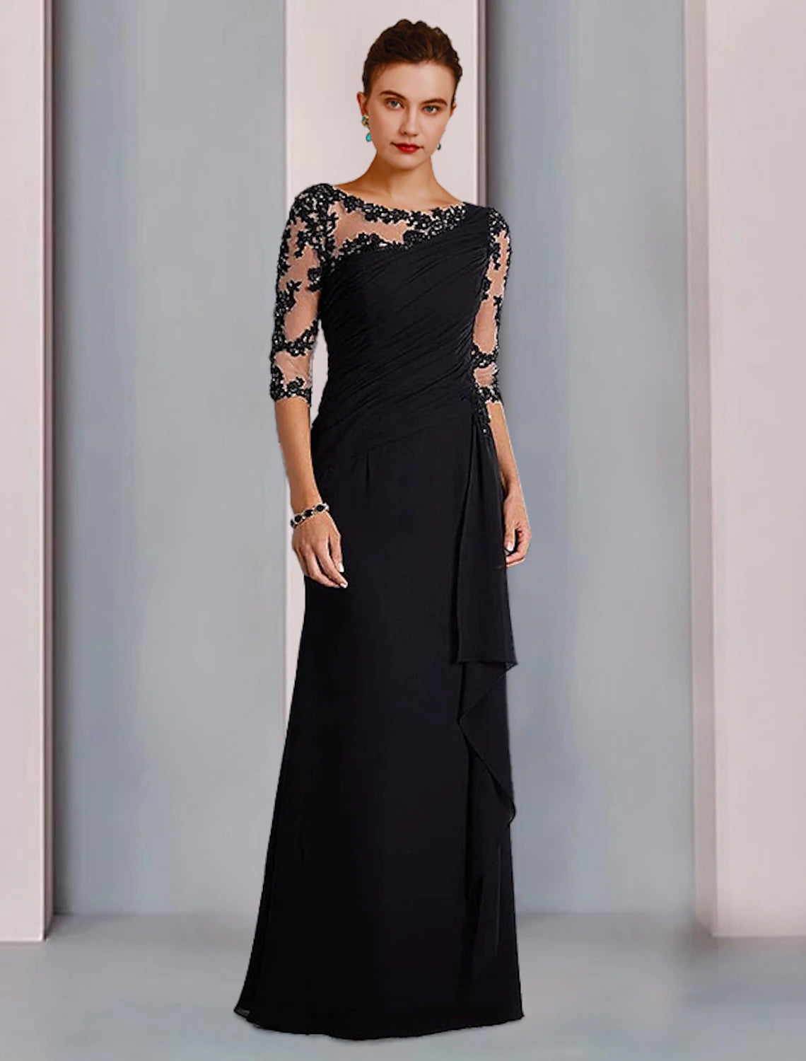 Sheath / Column Mother of the Bride Dress Formal Wedding Guest Elegant Jewel Neck Floor Length Chiffon Lace 3/4 Length Sleeve with Beading Appliques