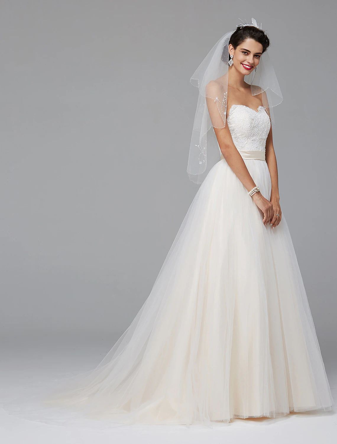 A-Line Wedding Dresses Sweetheart Neckline Court Train Lace Tulle Sleeveless Wedding Dress in Color with Sash / Ribbon Buttons