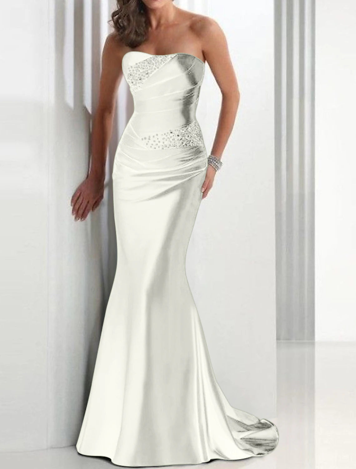 Mermaid / Trumpet Elegant Sparkle & Shine Wedding Guest Formal Evening Dress Strapless Sleeveless Sweep / Brush Train Satin with Crystals