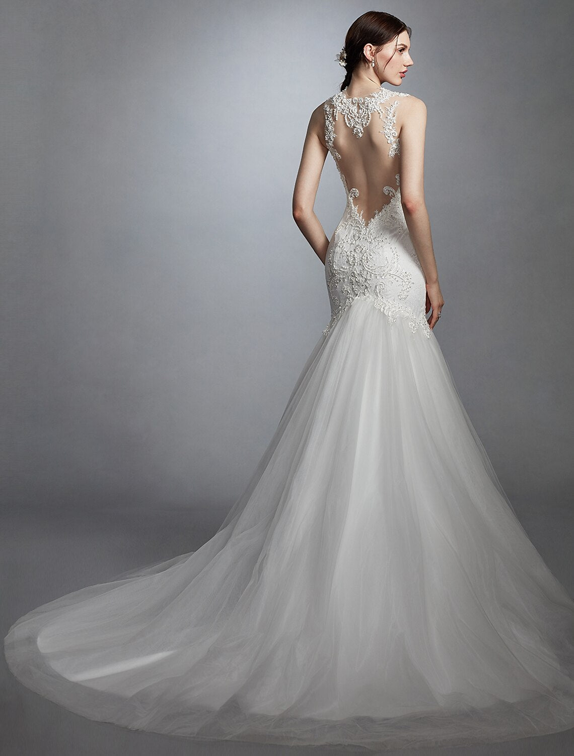 Hall Wedding Dresses Mermaid / Trumpet Sweetheart Regular Straps Court Train Lace Bridal Gowns With Pearl Beading