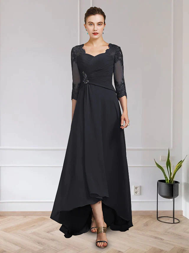 A-Line Mother of the Bride Dress Elegant High Low V Neck Asymmetrical Floor Length Chiffon Lace Half Sleeve with Appliques Ruching