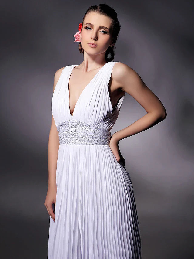 DingjiSheath / Column Celebrity Style Dress Prom Floor Length Sleeveless Plunging Neck Chiffon with Beading Draping