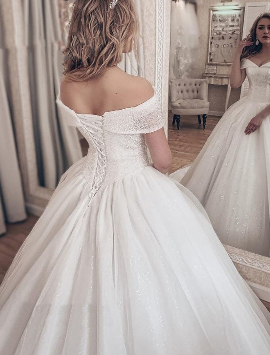 Engagement Formal Fall Wedding Dresses Ball Gown Off Shoulder Cap Sleeve Chapel Train Tulle Bridal Gowns With Pleats Sequin Summer Wedding Party, Women‘s Clothing