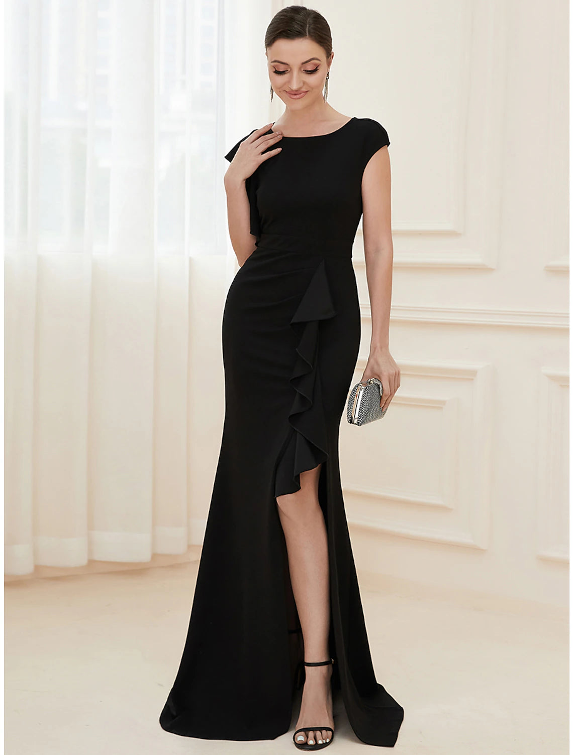 Mermaid / Trumpet Evening Gown Vintage Dress Formal Wedding Guest Floor Length Short Sleeve Jewel Neck Nylon with Ruffles Slit