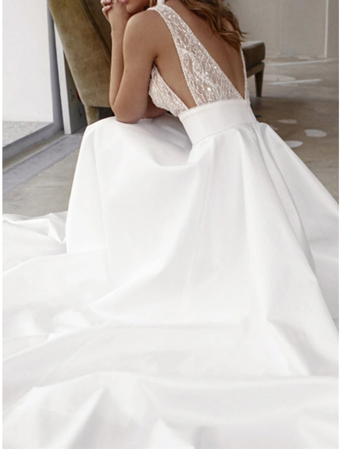 Engagement Formal Wedding Dresses A-Line V Neck Sleeveless Sweep / Brush Train Satin Bridal Gowns With Sequin