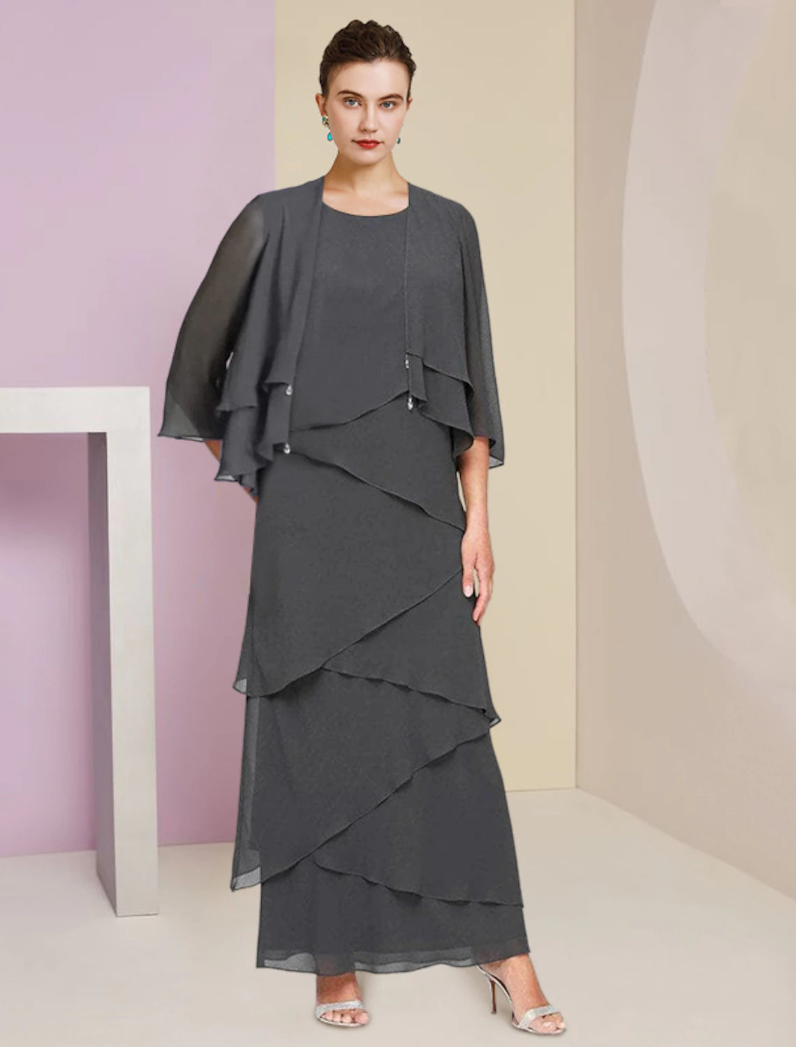 Sheath / Column Mother of the Bride Dress Formal Wedding Guest Elegant Scoop Neck Ankle Length Chiffon Sleeveless Wrap Included with Cascading Ruffles 2023