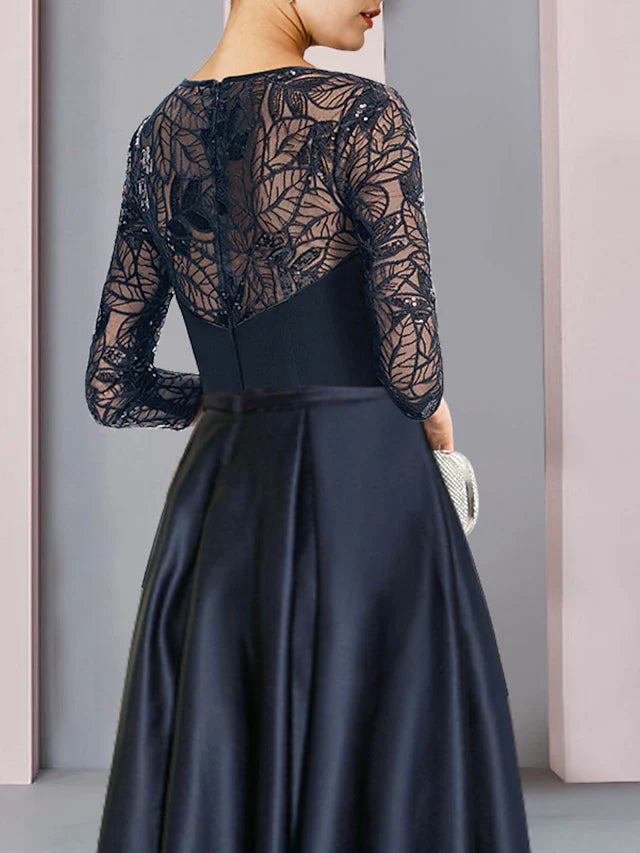 Dingji A-Line Mother of the Bride Dress Wedding Guest Vintage Party Jewel Neck Asymmetrical Satin Lace Sequined Half Sleeve with Pleats