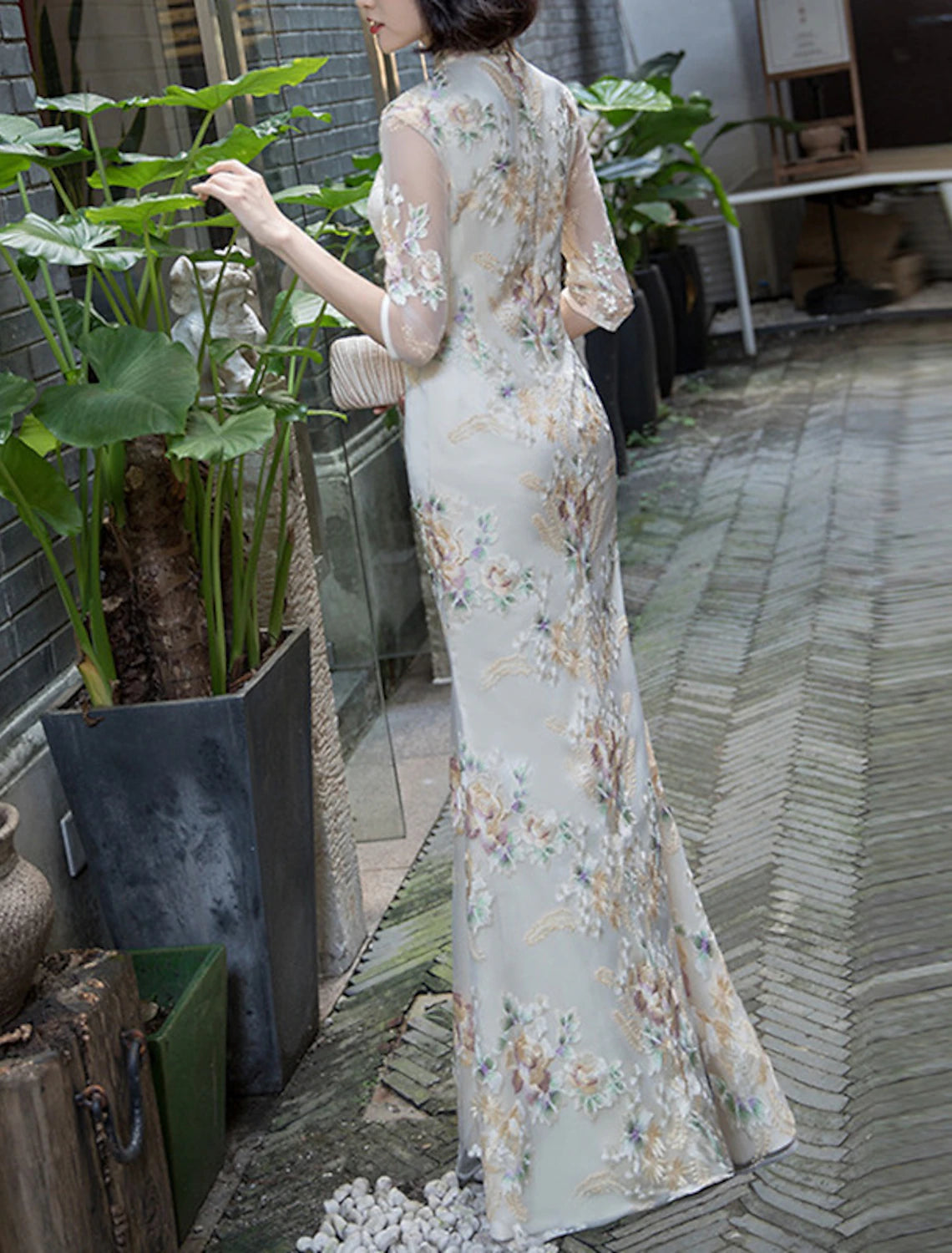 Sheath / Column Evening Gown Vintage Dress Wedding Guest Formal Evening Floor Length Half Sleeve High Neck Satin with Embroidery