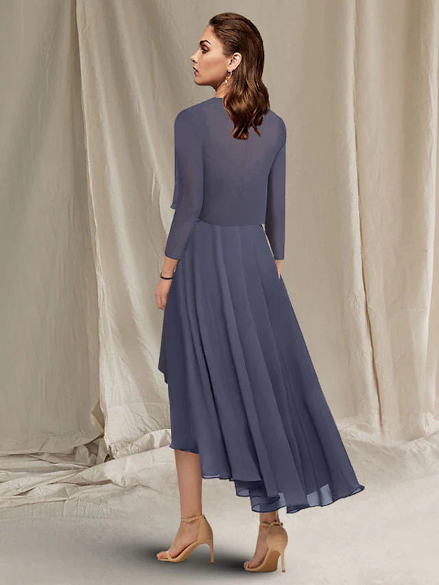 A-Line Mother of the Bride Dress Elegant High Low Jewel Neck Asymmetrical Tea Length Chiffon Lace Short Sleeve Wrap Included with Ruched Sequin Appliques