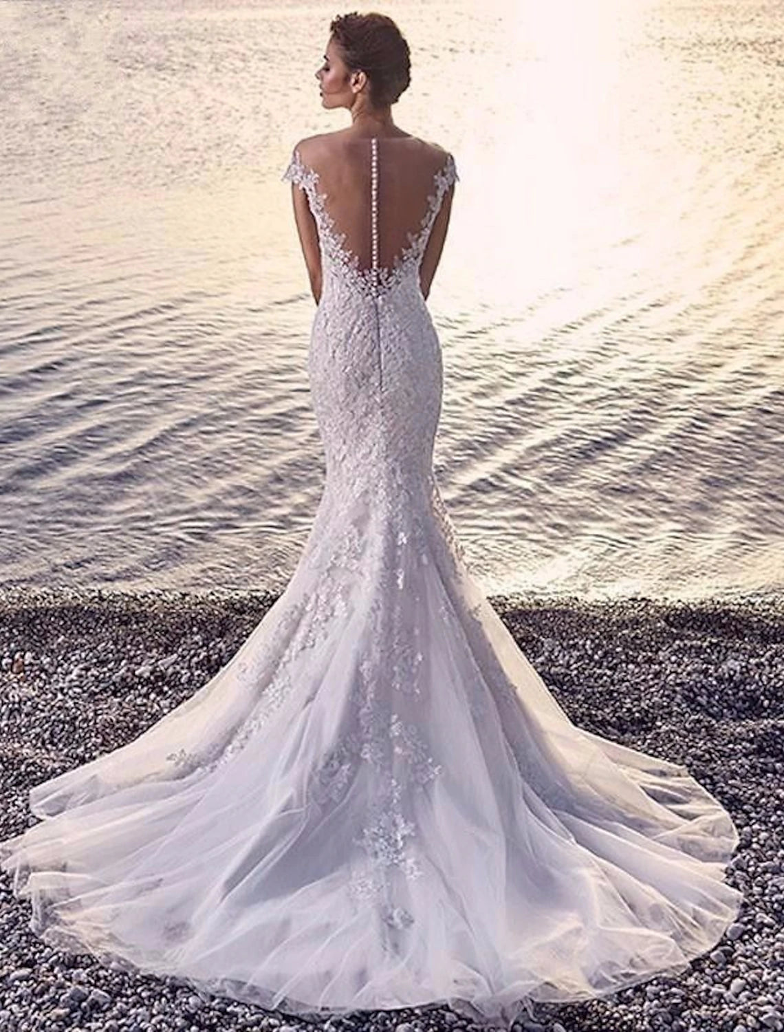 Beach Formal Wedding Dresses Mermaid / Trumpet Scoop Neck Off Shoulder Cap Sleeve Court Train Lace Bridal Gowns With Appliques Summer Wedding Party