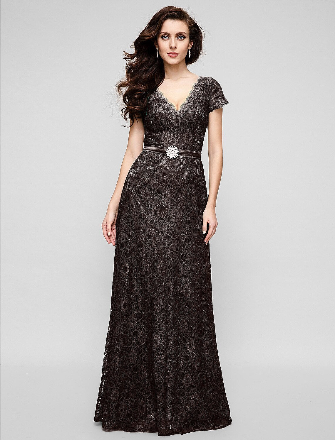 A-Line Elegant Dress Holiday Cocktail Party Floor Length Short Sleeve V Neck All Over Lace with Crystal Brooch