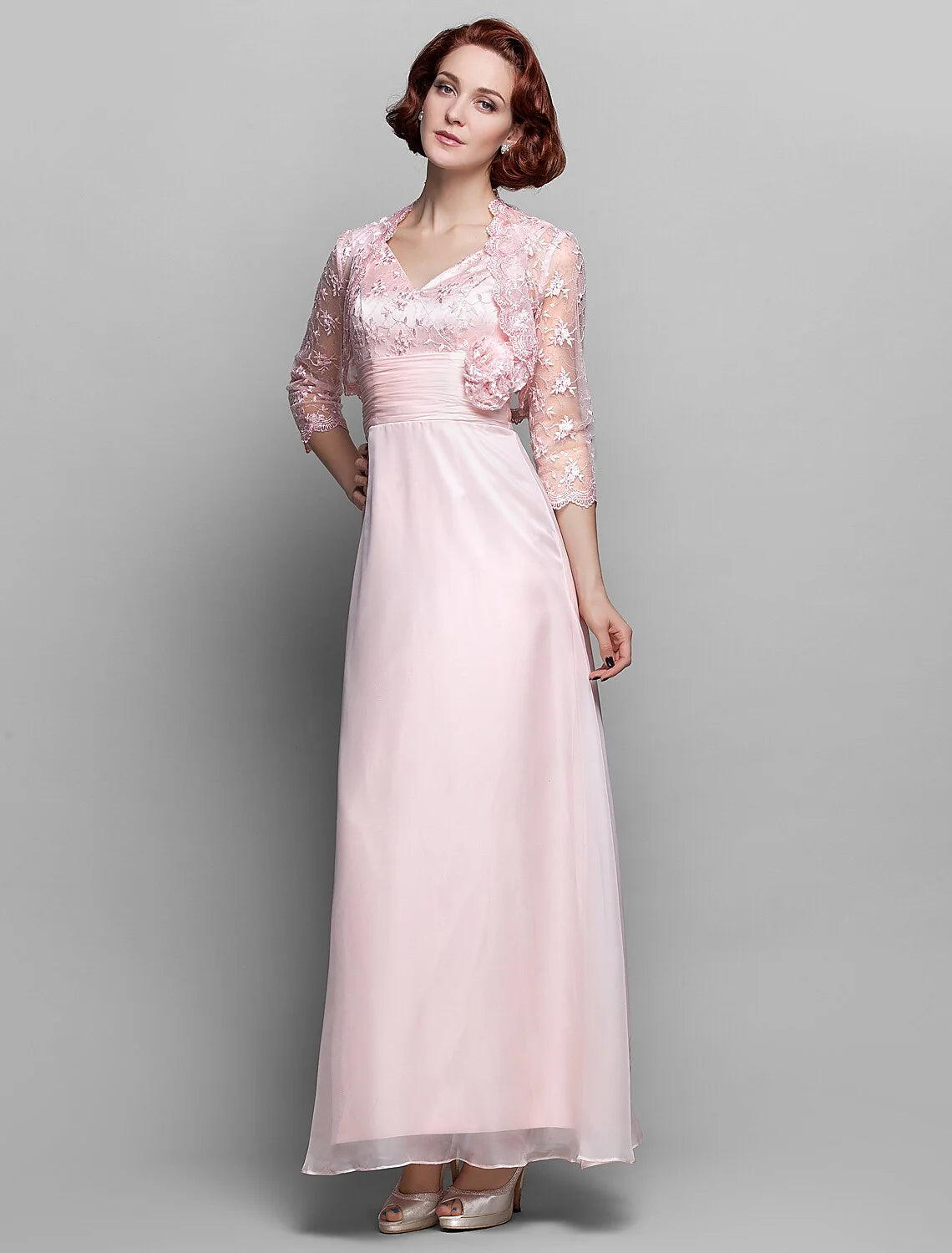 DingjiSheath / Column Mother of the Bride Dress V Neck Ankle Length Chiffon Lace 3/4 Length Sleeve with Bow(s) Ruched