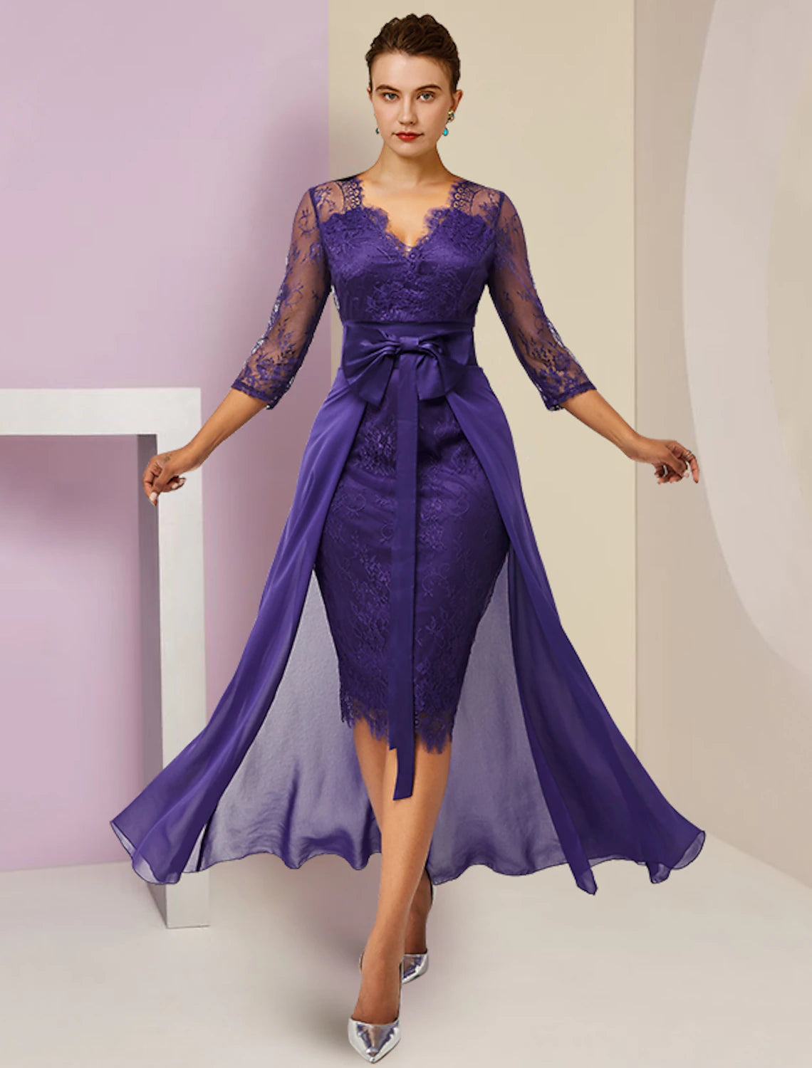 Two Piece Sheath / Column Mother of the Bride Dress Formal Fall Wedding Guest Elegant detachable V Neck Knee Length Chiffon Lace 3/4 Length Sleeve with Bow(s) 2023