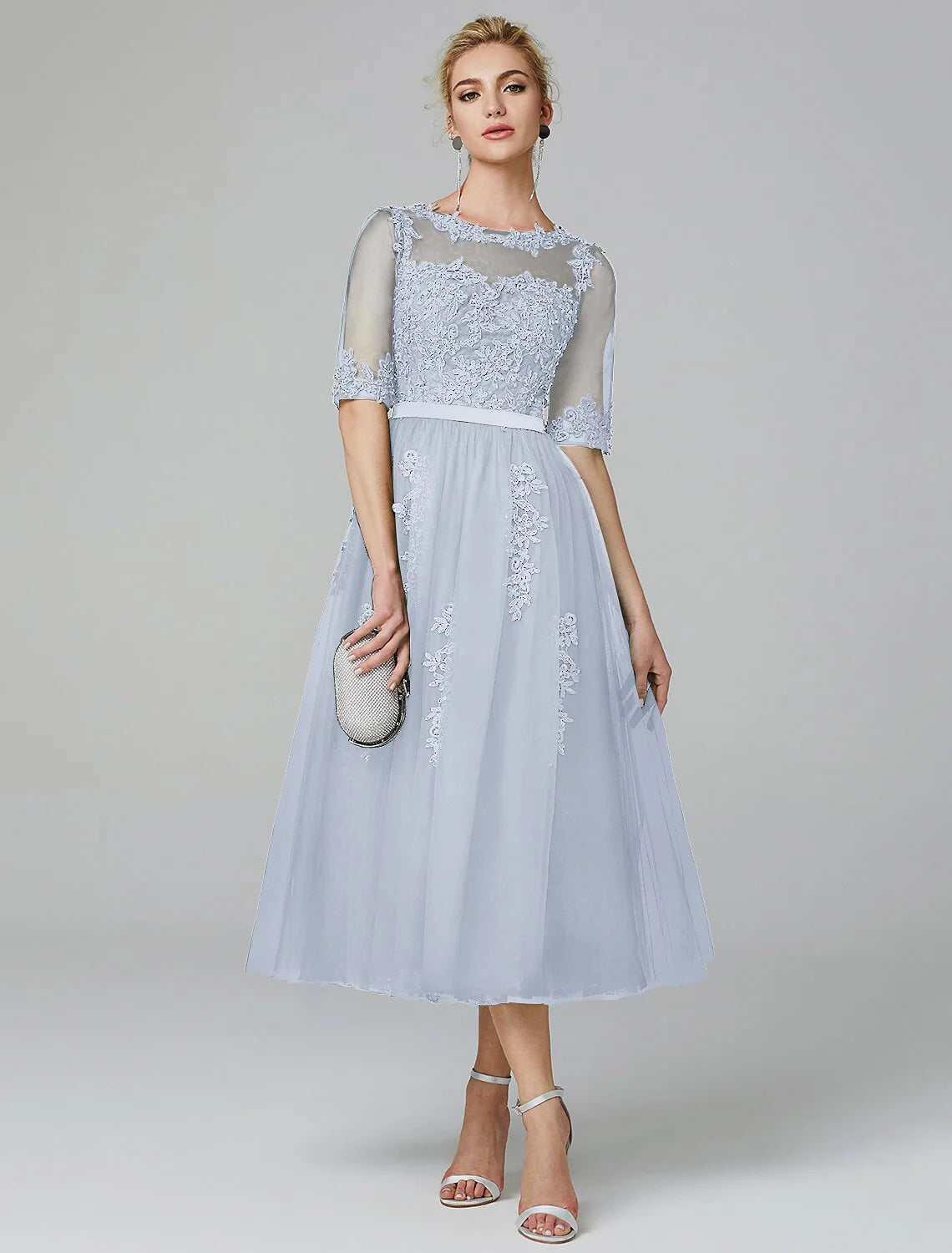 DingjiA-Line Cocktail Dress Christmas Red Green Dress Formal Evening Kentucky Derby Tea Length Sleeveless Illusion Neck Fall Wedding Guest Lace Over Tulle with Sequin Appliques