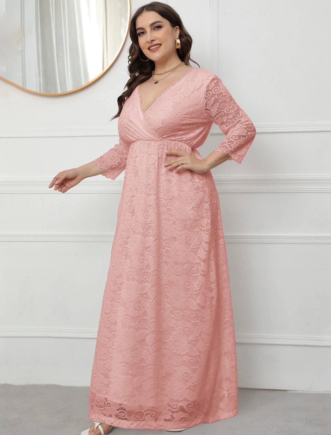 A-Line Evening Gown Vintage Dress Party Wear Formal Evening Floor Length 3/4 Length Sleeve V Neck Lace with Sleek Lace Insert