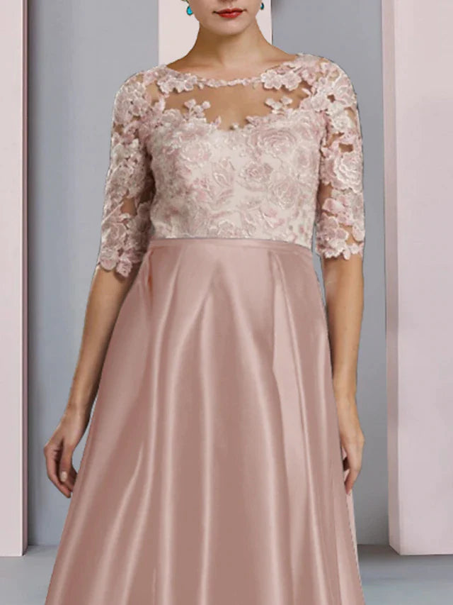 Sheath / Column Mother of the Bride Dress Wedding Guest Party Elegant Scoop Neck Asymmetrical Satin Lace Half Sleeve with Pleats