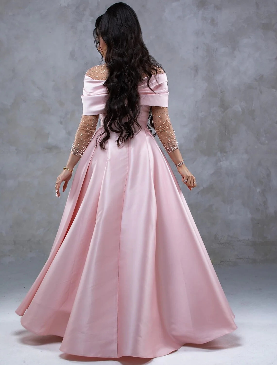 DingjiA-Line Evening Gown Elegant Dress Formal Prom Floor Length Short Sleeve Sweetheart Satin with Ruched Pearls Crystals
