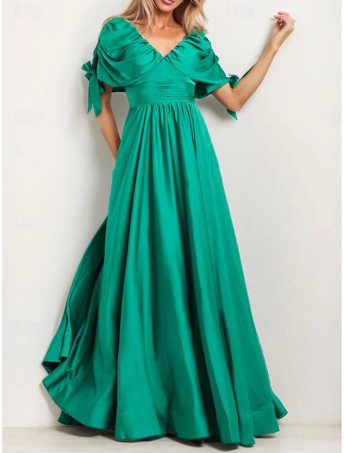 A-Line Evening Gown Elegant Dress Evening Party Prom Floor Length Short Sleeve V Neck Satin with Ruched Shawl