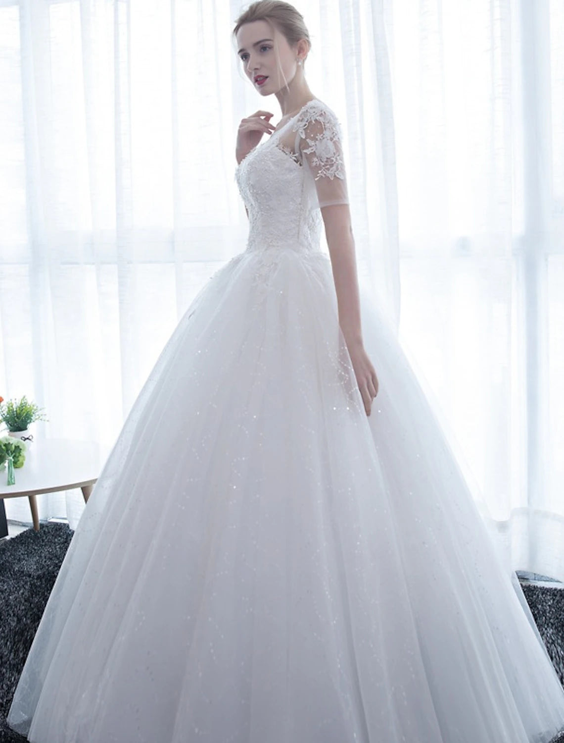 Reception Formal Wedding Dresses Ball Gown Illusion Neck Half Sleeve Floor Length Satin Bridal Gowns With Lace Summer Wedding Party