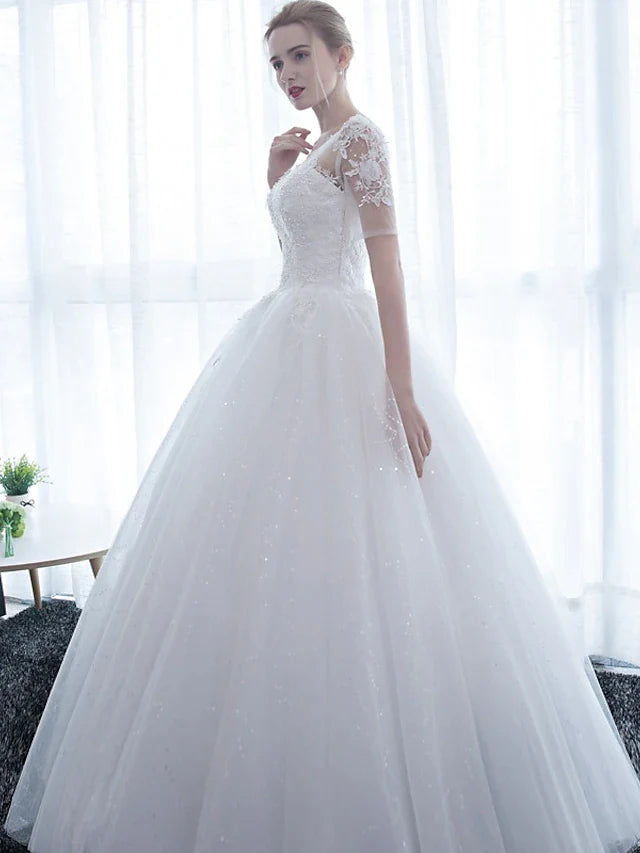 DingjiEngagement Formal Wedding Dresses Floor Length Ball Gown Half Sleeve Illusion Neck Satin With Lace