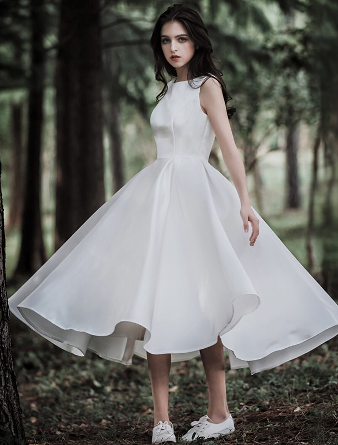 Reception Little White Dresses Wedding Dresses A-Line Scoop Neck Sleeveless Tea Length Satin Bridal Gowns With Solid Color Summer Wedding Party