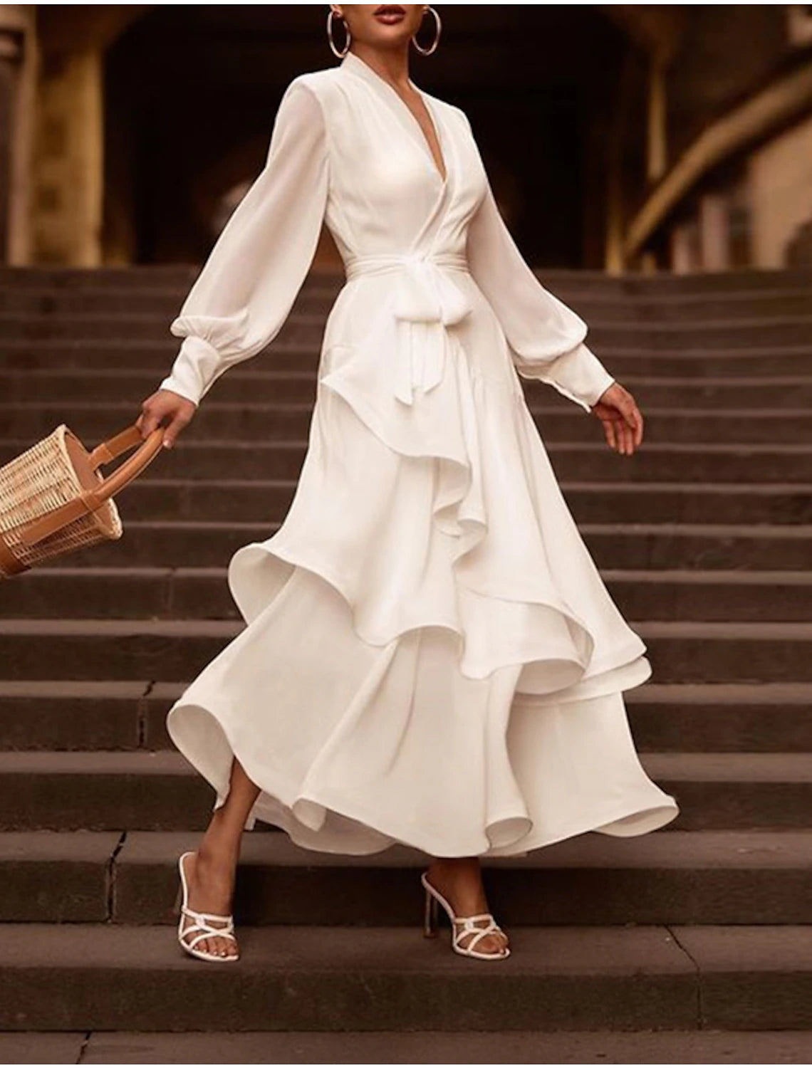 Reception Wedding Dresses Little White Dresses A-Line V Neck Long Sleeve Asymmetrical Chiffon Bridal Gowns With Cascading Ruffles Solid Color Summer Fall Wedding Party , Women's Clothing