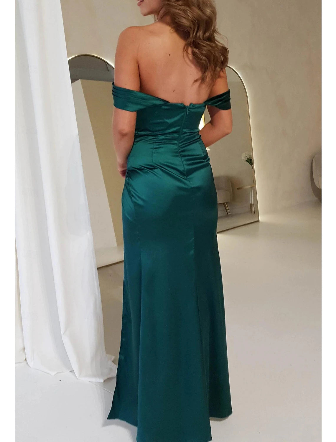 A-Line Prom Dresses Elegant Dress Prom Semi Formal Floor Length Sleeveless Off Shoulder Satin with Ruched