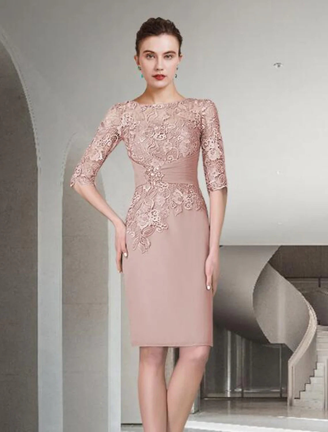 DingjiTwo Piece Sheath / Column Mother of the Bride Dress Fall Wedding Guest Church Plus Size Elegant Jewel Neck Knee Length Chiffon Lace Half Sleeve Wrap Included Jacket Dresses with Ruched Appliques